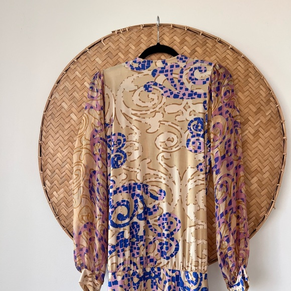 ANALILI 100% SILK  FAUX WRAP DRESS SHEER CUFF SLEEVES BOHO LAGEN-LOOK RESORTWEAR - Picture 8 of 12